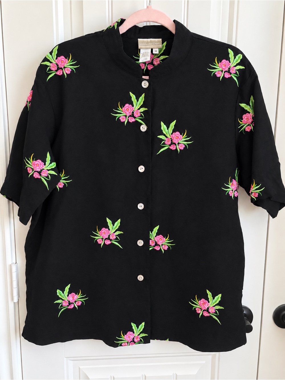 Coldwater Creek Black Button-Front Shirt with Pink Floral Embroidery